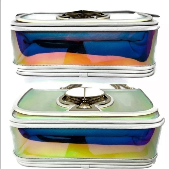 Kate Spade Nicola Optic White Hologram Iridescent Turnlock Clutch Crossbody Bag - Picture 10 of 11